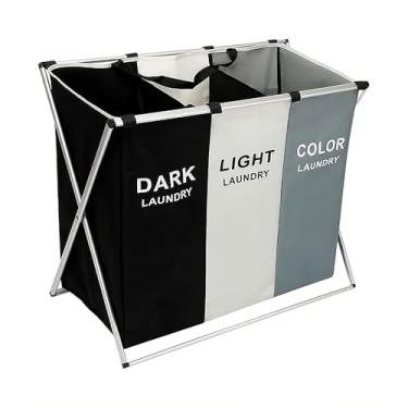 Imagem de Cesto Organizador de Roupas Sujas Multiuso Dobrável com 3 Divisórias, Para Roupas, Cobertores e Brinquedos com Alças, Ventilado, Portátil e Espaçoso para Lavanderia, Quarto ou Casa