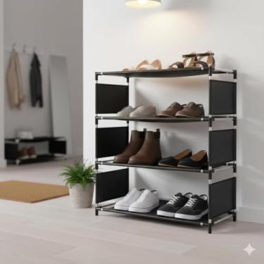 Imagem de Sapateira 4 Andares em TNT, Plástico e Ferro – Organizador de Calçados até 8 Pares – Leve, Fácil de Montar, Design Moderno – Ideal para Quarto, Closet e Lavanderia – Cor Preta