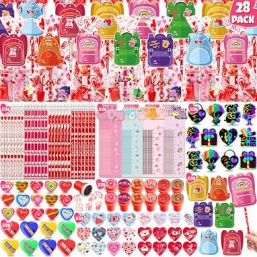 Imagem de WOWSCAN 28 Pack Valentines Day Gifts for Kids, Valentines Day Cards for Kids School Stationery Set with Pencils Erasers Sharpener Stampers Goodie Bags for Classroom Boys Girls