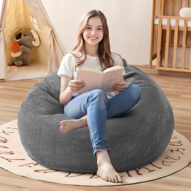 Imagem de Cansunna Cadeira de saco de feijão de 2,5 pés: sacos de feijão em forma de gota com enchimento de espuma de memória, poltronas compactas, sofá macio com capa de veludo cotelê, cinza