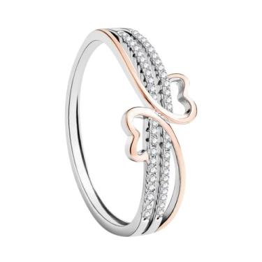 Imagem de Kokoma Anel de coração duplo para mulheres, zircônia cúbica de dois tons, anel de coração, ajustável, anéis abertos eternidade, compromisso, noivado, casamento, joias modernas