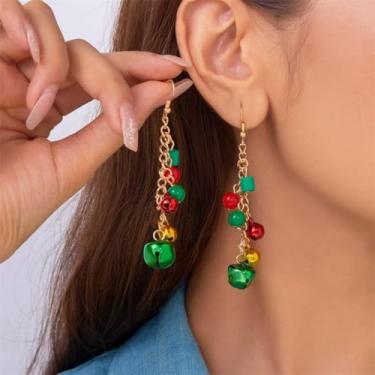 Imagem de Brincos pendentes de bola de sino de Natal com borla para mulheres, lindos sinos vermelhos e verdes, enfeite para festivais de Natal, brincos delicados para festas de fim de ano, Medium, Sem metal