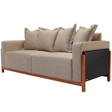 Imagem de Sofá 04 Lugares Para Sala De Estar 218 cm Khali B04 Linho Bege Escuro Couríssimo Preto - Lyam