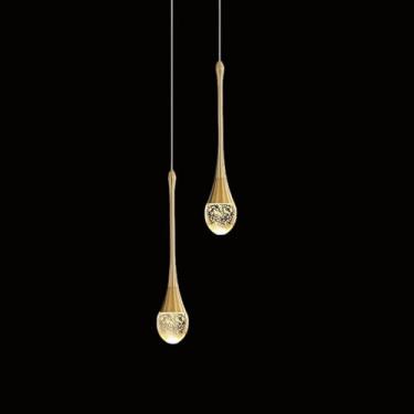 Imagem de Lustre de cristal de 150 cm (59") para hall de entrada, sala de estar ampla, 2 lâmpadas, dourado, pendente para escada, lustre de coluna de cristal para teto alto, sótão, mini luminária dime