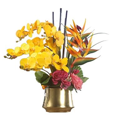 Imagem de Flores artificiais para decoração de alta simulação de arranjo de flores orquídeas artificiais com vaso de cerâmica ouden arte de flores artificiais terno para casa fluxo artificial