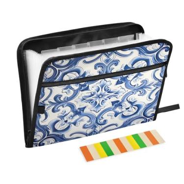 Imagem de Wassud Blue Tile Art Organizador de arquivos sanfonado com 13 bolsos, pastas de arquivo expansíveis com abas e adesivos, tamanho carta A4, papel para recibos, documentos, pasta organizadora para