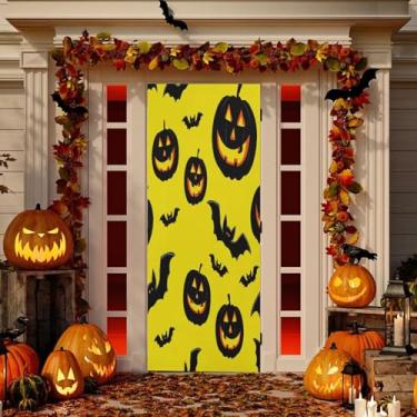 Imagem de Wassud Decoração de porta assustadora de abóboras e morcegos banner interno externo decoração de casa de varanda grande decoração de porta da frente 96 x 98 polegadas