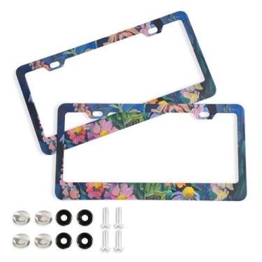 Imagem de CEBUGI Pacote com 2 molduras de placa de carro de alumínio capas de moldura de placa de carro com 2 furos flores silvestres acessórios automotivos para placas dianteiras e traseiras orifício elíptico