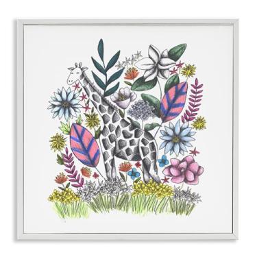 Imagem de Stupell Industries Girafa no meio das flores, arte giclée emoldurada branca, design de Cecilia Battaini, 43 x 43 cm