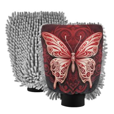 Imagem de STAYTOP Lindas luvas de lavagem de carro de borboleta vermelha, 2 peças, luvas de microfibra de chenille, sem arranhões, panos de esponja de lavagem ultra absorventes para carros, limpeza doméstica