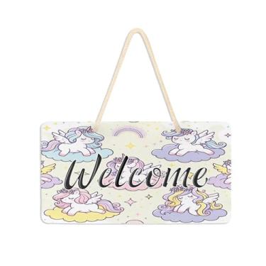 Imagem de Burbuja Placa de boas-vindas unicórnios para porta da frente, placa de boas-vindas de PVC para pendurar na parede varanda fazenda decoração de feriados, 15 x 28 cm