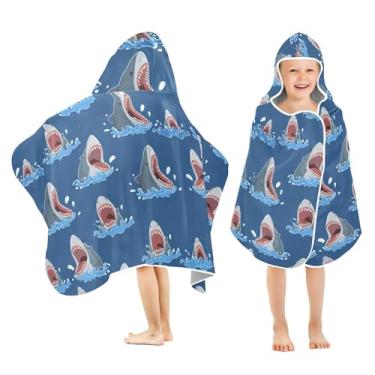 Imagem de Burbuja Toalha de banho com capuz de tubarões de desenho animado para crianças, toalha de praia de pelúcia macia absorvente para meninas e meninos 3-10 anos, 61 x 127 cm