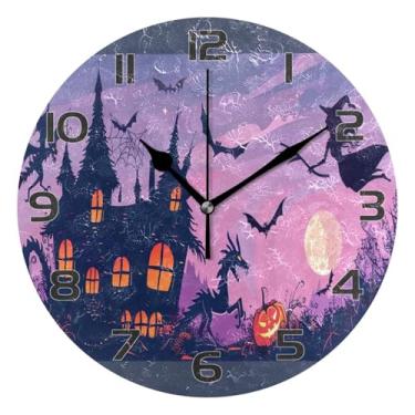 Imagem de YETTASBIN Relógio de parede de castelo de Halloween, silencioso, sem tique-taque, operado por bateria, relógio redondo decorativo criativo para cozinha, sala de estar, banheiro, decoração de