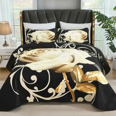 Imagem de Xruibed Conjunto de colcha floral, tamanho Queen, conjunto de colcha botânica de 3 peças, rosa branca, com 2 fronhas, microfibra macia e leve para todas as estações (228 x 243 cm)