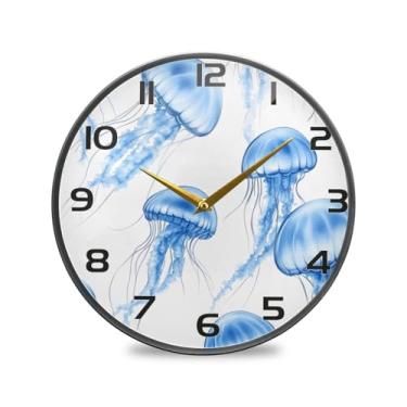 Imagem de YETTASBIN Relógio de parede acrílico água-viva azul - Silencioso, sem tique-taque, operado por bateria, relógio redondo decorativo criativo para cozinha, sala de estar, banheiro, decoração de