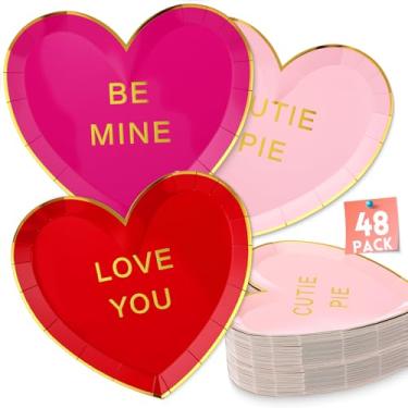 Imagem de Suclain 48 peças de pratos de papel para o dia dos namorados, 23 cm, pratos de papel em forma de coração, descartáveis, utensílios de mesa para festa de dia dos namorados para aniversário, casamento