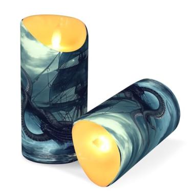 Imagem de ATTX Pacote com 2 velas sem chama para navio pirata – Velas LED de 7,6 cm x 15 cm com controle remoto e temporizador para casa, casamento, decoração de acampamento #771