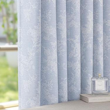 Imagem de FMFUNCTEX Cortinas blecaute jacquard floral azul 96 polegadas de comprimento para quarto, cortinas de chenille para casa de fazenda com flores roláveis para escurecimento da sala de estar, cortinas de