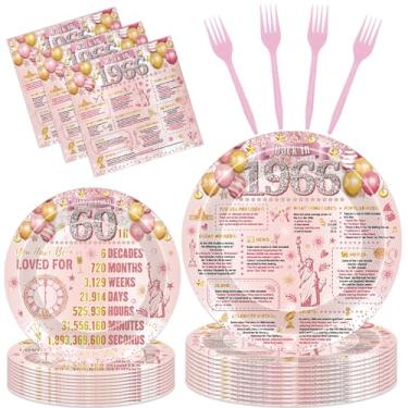 Imagem de Hokinaa Decorações de festa de aniversário de 60 anos - Conjunto de pratos e guardanapos de papel descartável vintage para festa de 60 anos 1966 com 96 peças, artigos de torcida vintage descartáveis