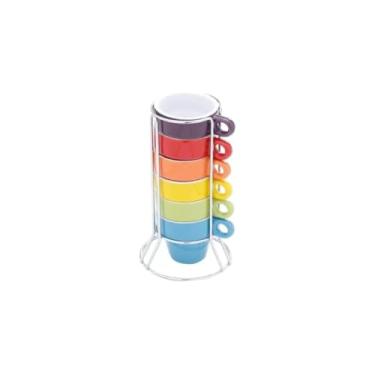Imagem de WE DROP Jogo de Xícaras para Café e Chá, 6 Peças Coloridas com Suporte, Cerâmica e Aço Inox, 50ML, Base 8cm