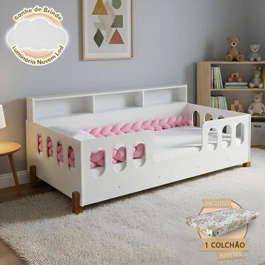 Imagem de Cama Infantil em Mdf Nina com Colchão + Enxoval Completo Trança Rosa 2,5m Acompanha Nuvem Led