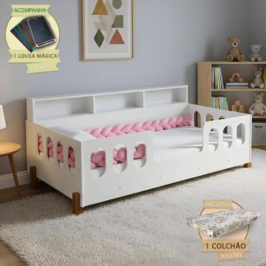 Imagem de Cama Montessoriana Reforçada Nina Colchão e Enxoval Completo Trança Rosa 2,5m Acompanha Lousa Magíca