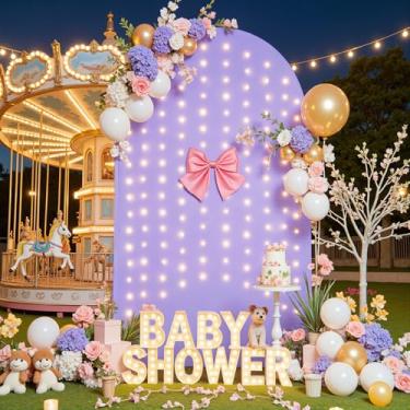 Imagem de Capa de fundo de arco roxo de 1,8 m com cordão de luzes lavanda lilás capas de arco de casamento elástico para festa de bebê chá de panela foto de aniversário capa de suporte de arco elastano