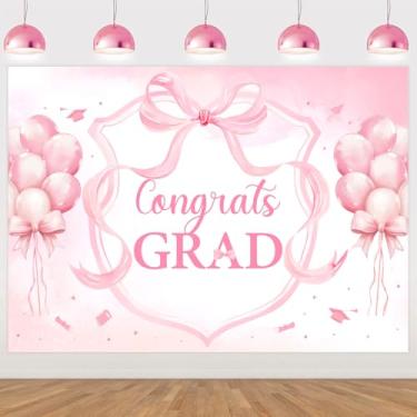Imagem de kreat4joy Decoração de festa de formatura com laço rosa, faixa de fundo de formatura Coquette, suporte para cabine fotográfica, 2,1 x 1,5 m para meninas turma de 2025 parabéns arco de formatura festa