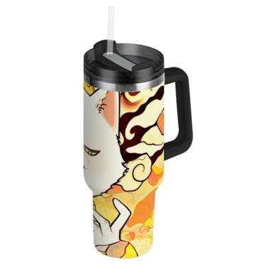 Imagem de Copos de aço inoxidável com tampa e canudos de desenho animado de gato branco para quente e frio copo térmico de 1,134 g com alça garrafa de água isolada