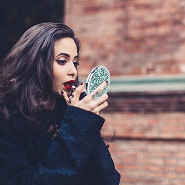 Imagem de Espelho de bolso compacto, espelho de maquiagem dobrável para viagem, ampliação de 1x/2x, espelhos de dois lados redondos de metal para bolsa de viagem ao ar livre (verde)