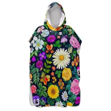 Imagem de Poncho de surf azul marinho escuro flores silvestres adultos trocador com capuz toalha de natação plus size homens mulheres poncho com capuz