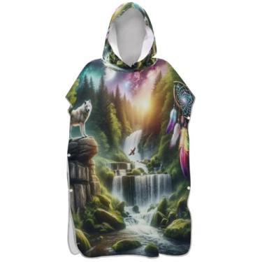 Imagem de Joisal Poncho de surf de secagem rápida para adultos trocador com capuz toalha de praia estampado lobo apanhador de sonhos poncho masculino feminino com capuz