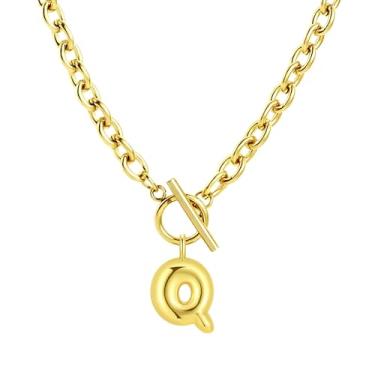 Imagem de Fiiuos Colar com inicial para mulheres, banhado a ouro 18 K, delicada, com pingente de letra bolha personalizada, corrente de elos grossos de clipe de papel com fecho de botão minimalista, joias de