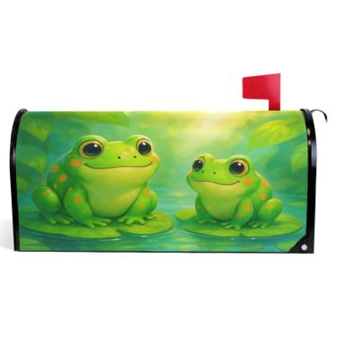 Imagem de TSENQUE Capas de caixa de correio decorativas magnéticas fofas desenhos animados sapos verdes primavera caixa de correio envoltórios vinil fazenda decoração caixa de correio exterior tamanho padrão