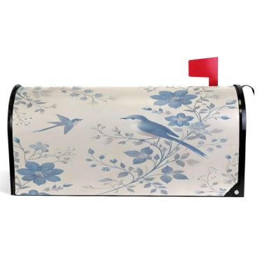 Imagem de TSENQUE Capas magnéticas para caixa de correio de vinil decorativas, envoltórios de caixa de correio de inverno, férias à prova de intempéries, decoração de caixa de correio, pássaros azuis, flores