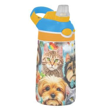 Imagem de Garrafa de água esportiva Tritan infantil de 473 ml com tampa de palha, garrafa de água portátil de 473 ml, copo infantil reutilizável à prova de vazamento, alça de transporte, cães fofos e gatos