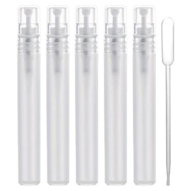 Imagem de 5 peças de atomizadores de perfume de 10 ml, recarregáveis, de plástico fosco, pequenos frascos de spray de tamanho para viagem, com tubo dispensador de 0,5 ml para minifas spritzer vazias para