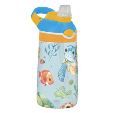 Imagem de Garrafa de água azul criatura tartaruga marinha aquarela infantil 473 ml Tritan garrafa de água de plástico reutilizável com tampa de canudo copos de viagem portáteis para crianças à prova de