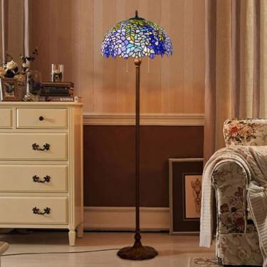 Imagem de Luminária de chão estilo Tiffany com vitrais de rosas, tulipas, glicínias, lírios e uvas, com cúpula feita à mão, ideal para decoração de ambientes [2 lâmpadas][40,6 cm L x 165 cm A], Glicín