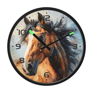 Imagem de SEHANY Relógio de parede artístico majestoso cavalos silencioso, sem tique-taque, relógio redondo operado por bateria, controle de som, luz noturna, relógios de parede para sala de estar, cozinha