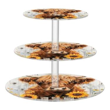 Imagem de Highland Cow Fence Girassol, 3 camadas, suporte de cupcake para festa de chá, acrílico, torre, sobremesa, decoração de mesa, cupcakes, comida, donut, aniversário