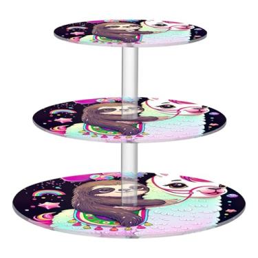 Imagem de Suporte de cupcake de 3 níveis para chá fofo desenho animado preguiça unicórnio, lhama, copo de acrílico, torre de bolo, mesa de casamento, suporte de sobremesa, decorações de festa de chá