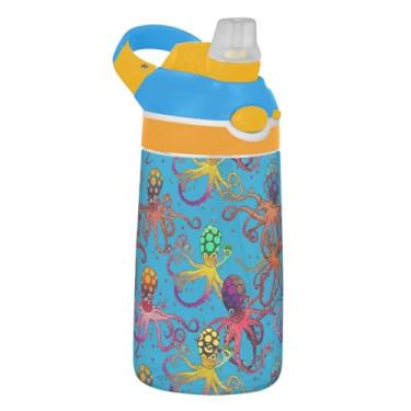 Imagem de Garrafa de água esportiva infantil colorida Octopuse Blue Ocean para escola, garrafa de água Tritan de 473 ml com canudo, copo infantil à prova de vazamento, reutilizável, alça de transporte