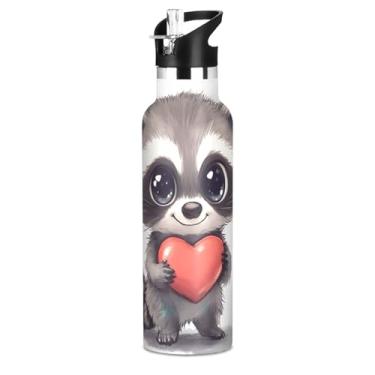 Imagem de Joisal Garrafa de água infantil de aço inoxidável de 590 ml com tampa de palha, linda garrafa de água esportiva com isolamento de coração de guaxinim com alça, copos infantis a vácuo de parede dupla