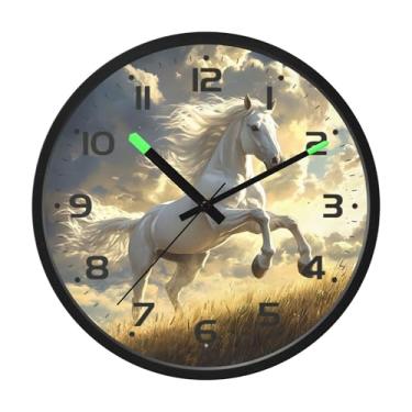 Imagem de SEHANY Relógio de parede artístico majestoso cavalos silencioso, sem tique-taque, relógio redondo operado por bateria, controle de som, luz noturna, relógios de parede para sala de estar, cozinha