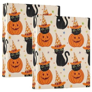 Imagem de Fichários personalizados para gatos pretos de Halloween de 3 cm, 3 anéis, 200 folhas, anel redondo fofo, fichário resistente, 31,5 x 27 x 6 cm, pacote com 2