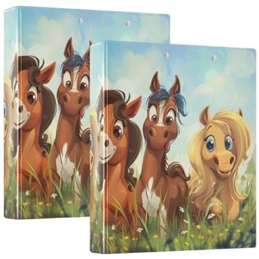 Imagem de Fichário personalizado com 3 anéis de cavalos de desenho animado 3,8 cm, 200 folhas, fichário de portfólio fofo com estampa de anel redondo, 31,5 x 27 x 6 cm, pacote com 2
