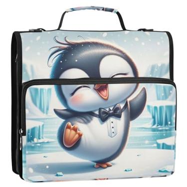 Imagem de 3 argolas para fichários de 3 anéis, anel D, adorável pinguim, fofo, organizador com zíper, bolsa de fichário de ensino médio com alça, pasta básica para portfólio de armazenamento com alça