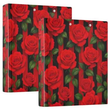 Imagem de Fichário de 3 anéis com listras pretas Red Roses 3 cm comporta 200 folhas, 3 pastas de anéis, fichário de receita de anel redondo, 31,5 x 27 x 6 cm, 1 pacote