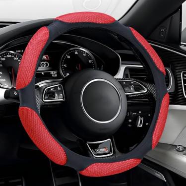 Imagem de Ongfuwu Capa de volante de carro, protetor de couro antiderrapante universal para 38 cm, com almofada de mão macia, respirável e confortável, acessórios internos para carros (vermelho)